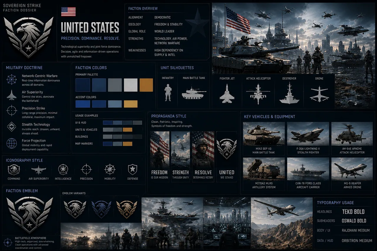 United States faction dossier — overview, doctrine, vehicles, propaganda, iconography, atmosphere